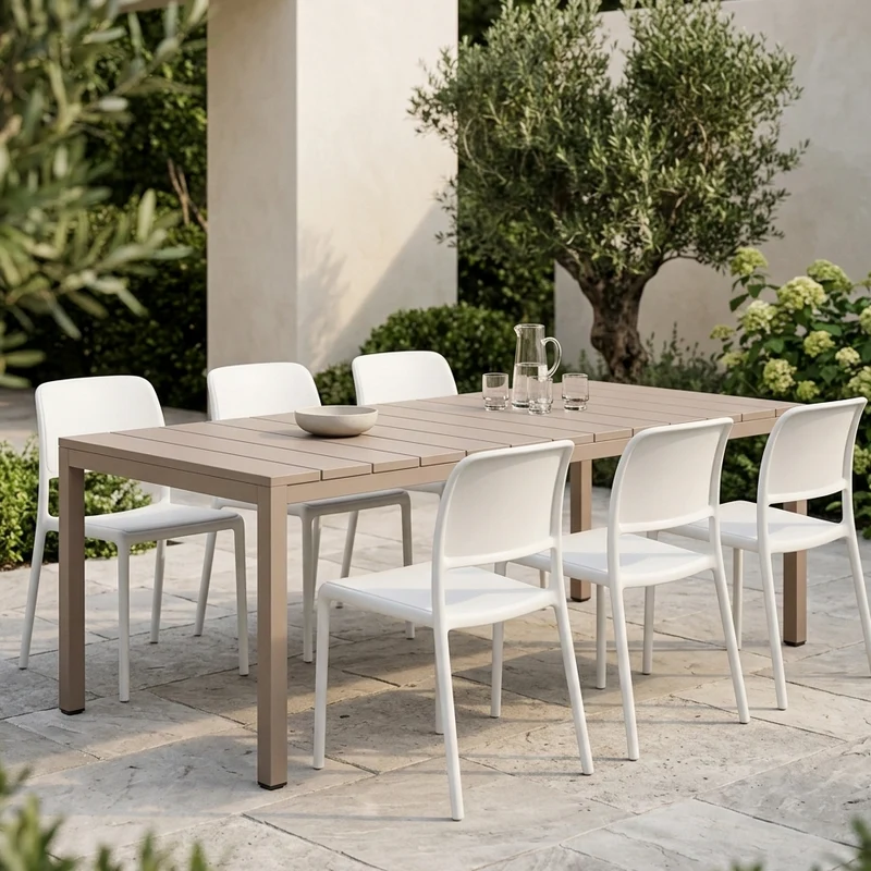 Set tavolo Rio Allungabile 210-280 cm con 6 poltrone Riva, per giardino ed esterno