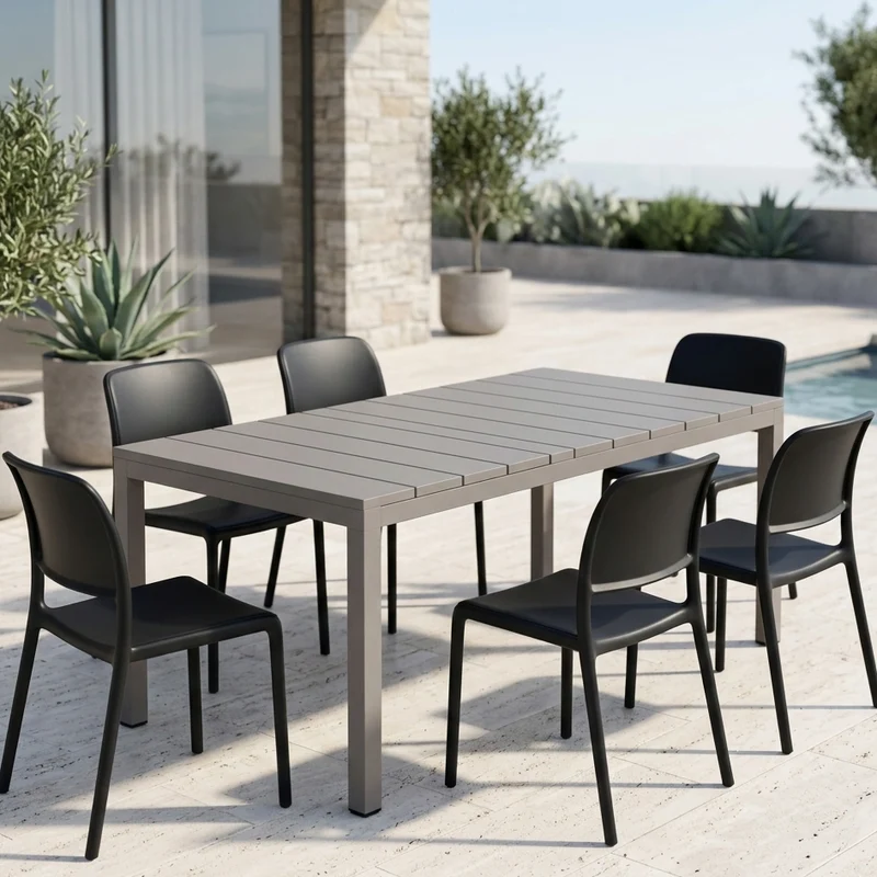 Set tavolo Rio Allungabile 210-280 cm con 6 poltrone Riva, per giardino ed esterno