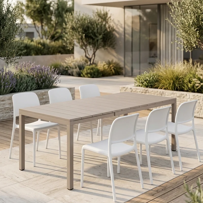 Set tavolo Rio Allungabile 210-280 cm con 8 poltrone Riva per esterno e giardino