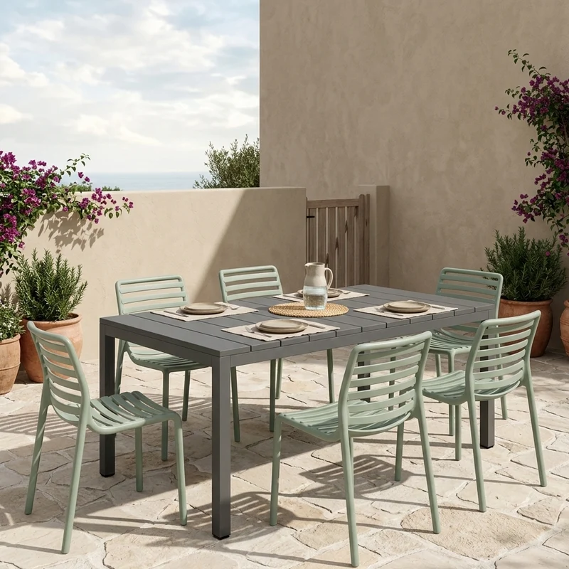 Set tavolo Rio Allungabile 210-280 cm con 6 sedie Doga Bistrot, per esterno e giardino