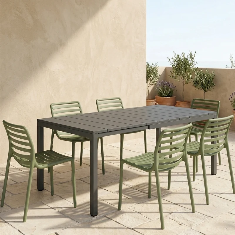 Set tavolo Rio Allungabile 210-280 cm con 6 sedie Doga Bistrot, per esterno e giardino