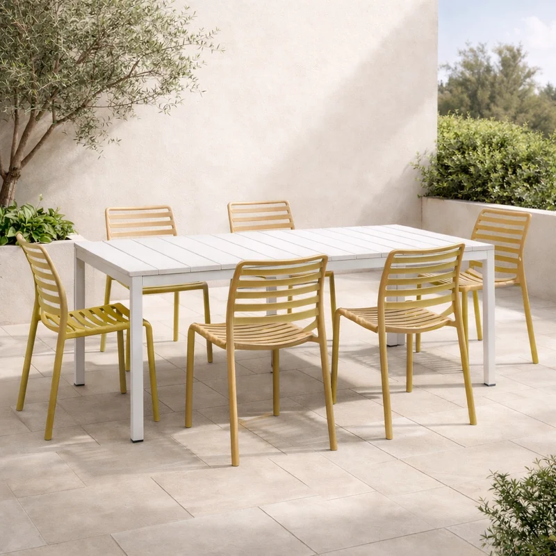 Set tavolo Rio Allungabile 210-280 cm con 6 sedie Doga Bistrot, per esterno e giardino