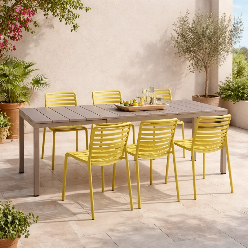Set tavolo Rio Allungabile 210-280 cm con 6 sedie Doga Bistrot, per esterno e giardino