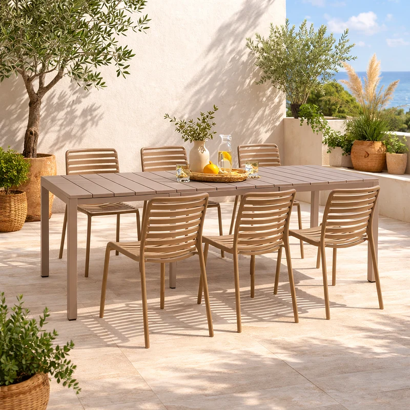 Set tavolo Rio Allungabile 210-280 cm con 6 sedie Doga Bistrot, per esterno e giardino