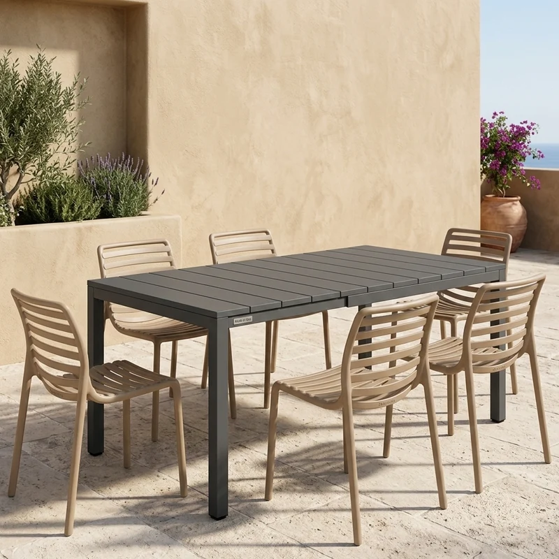 Set tavolo Rio Allungabile 140-210 cm con 8 sedie Doga Bistrot, per esterno e giardino