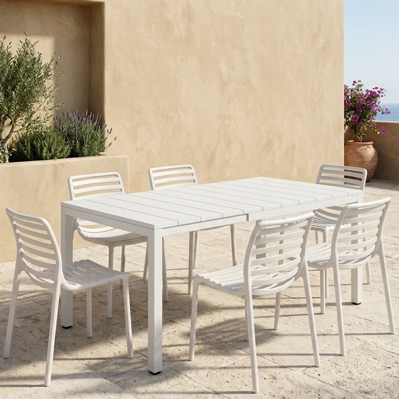 Set tavolo Rio Allungabile 140-210 cm con 8 sedie Doga Bistrot, per esterno e giardino
