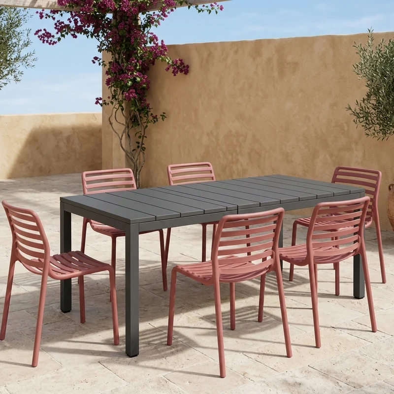 Set tavolo Rio Allungabile 140-210 cm con 6 sedie Doga Bistrot, per esterno e giardino