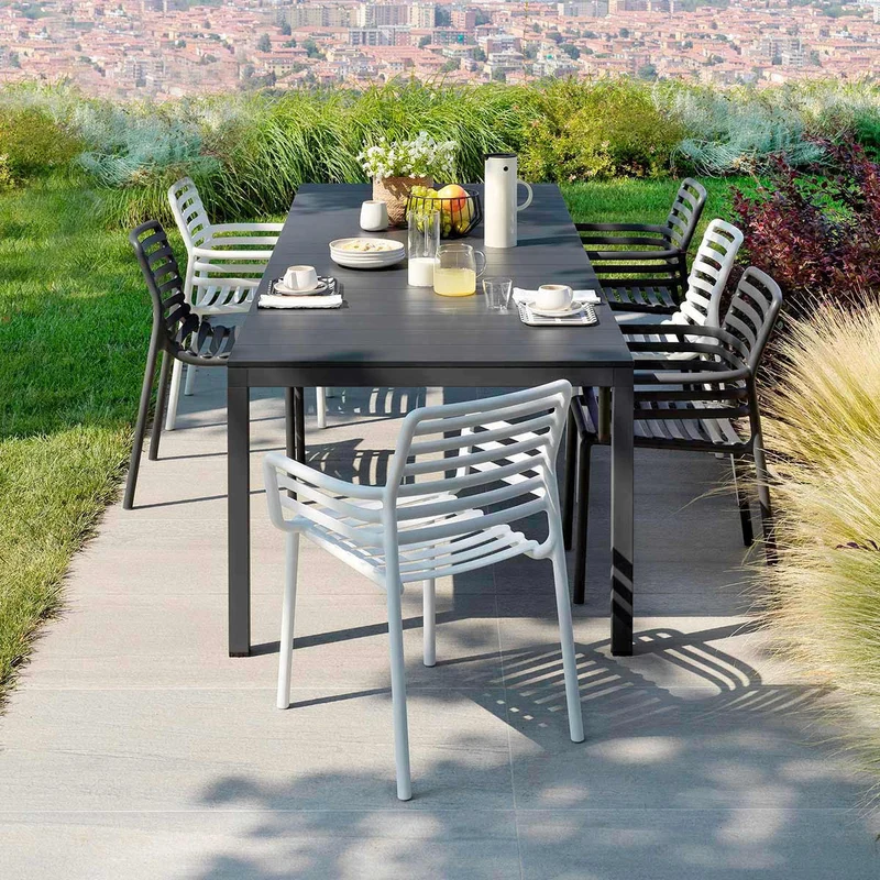 Set tavolo Rio Allungabile 140-210 cm con 6 sedie Doga Bistrot, per esterno e giardino