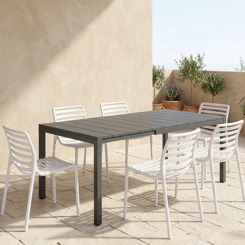 Set tavolo Rio Allungabile 140-210 cm con 6 sedie Doga Bistrot, per esterno e giardino