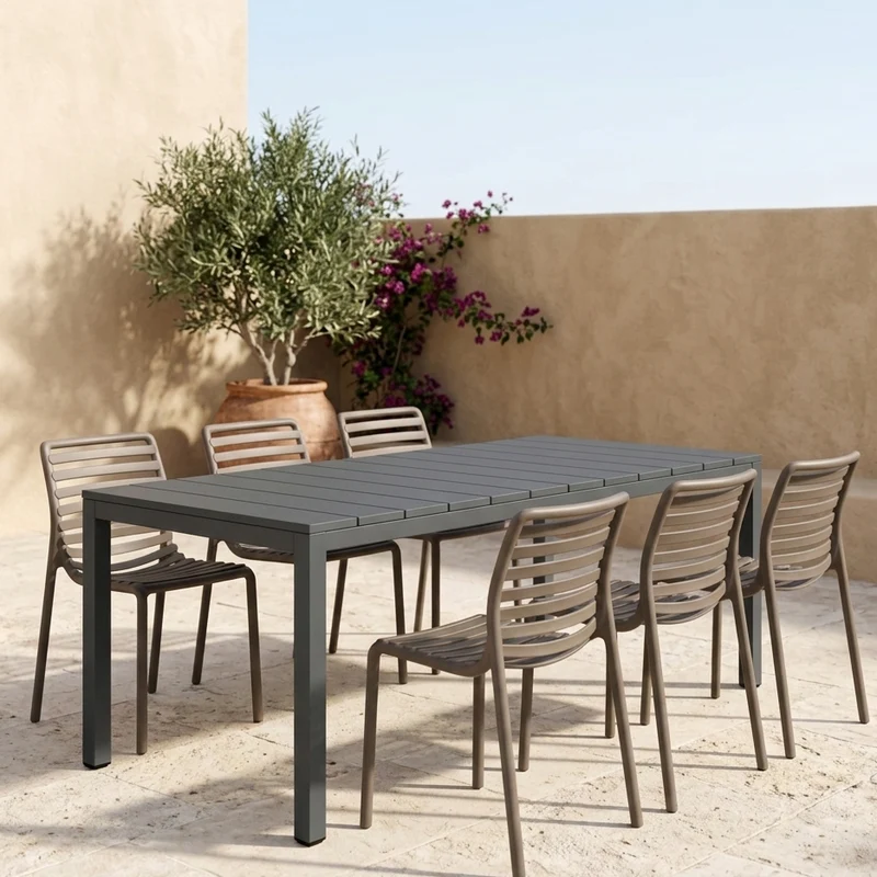 Set tavolo Rio Allungabile 140-210 cm con 6 sedie Doga Bistrot, per esterno e giardino