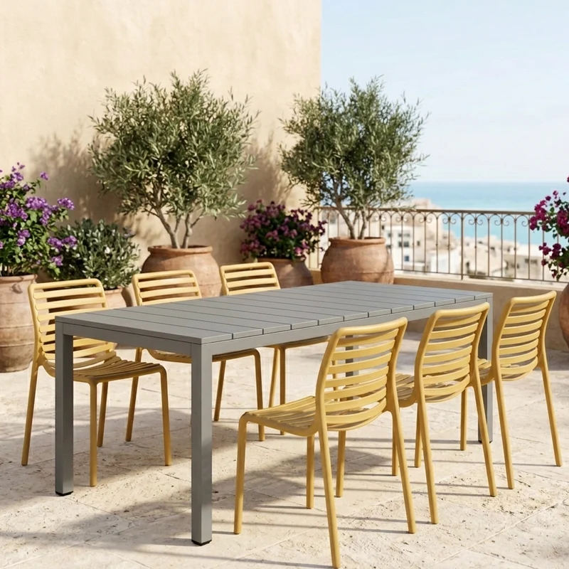 Set tavolo Rio Allungabile 140-210 cm con 6 sedie Doga Bistrot, per esterno e giardino
