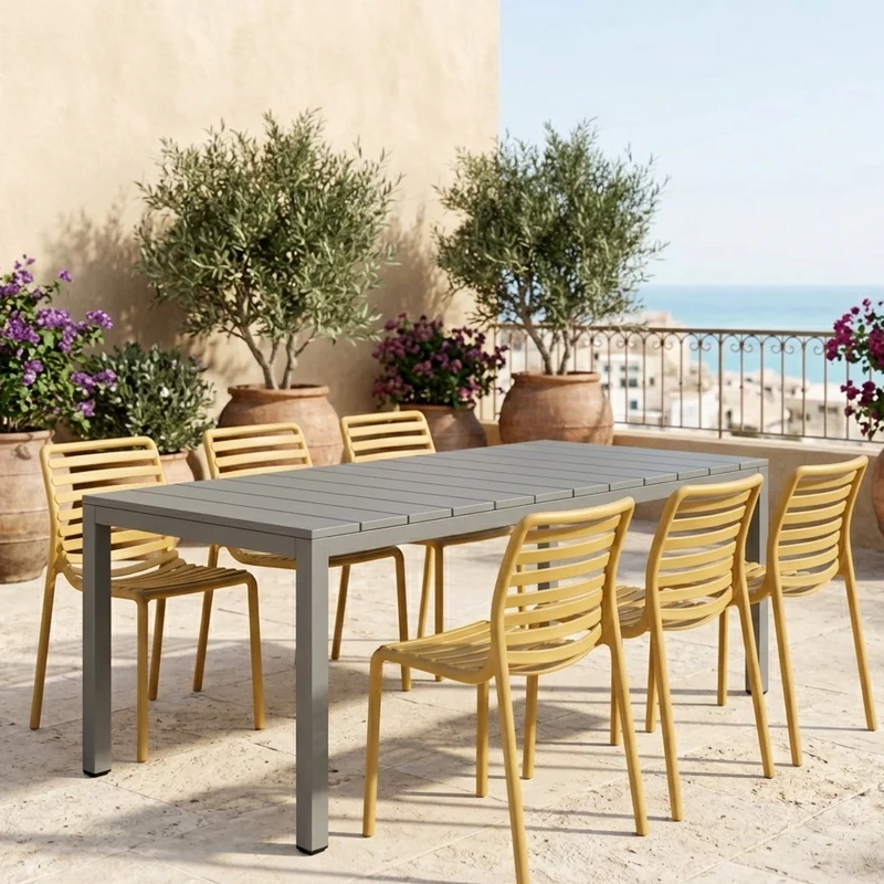 Set tavolo Rio Allungabile 140-210 cm con 4 sedie Doga Bistrot, per esterno e giardino