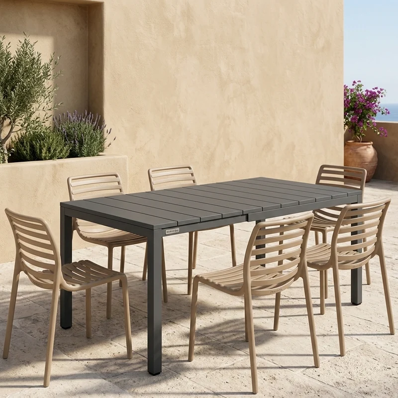 Set tavolo Rio Allungabile 140-210 cm con 4 sedie Doga Bistrot, per esterno e giardino