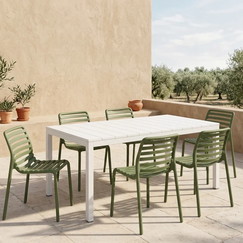 Set tavolo Rio Allungabile 140-210 cm con 4 sedie Doga Bistrot, per esterno e giardino