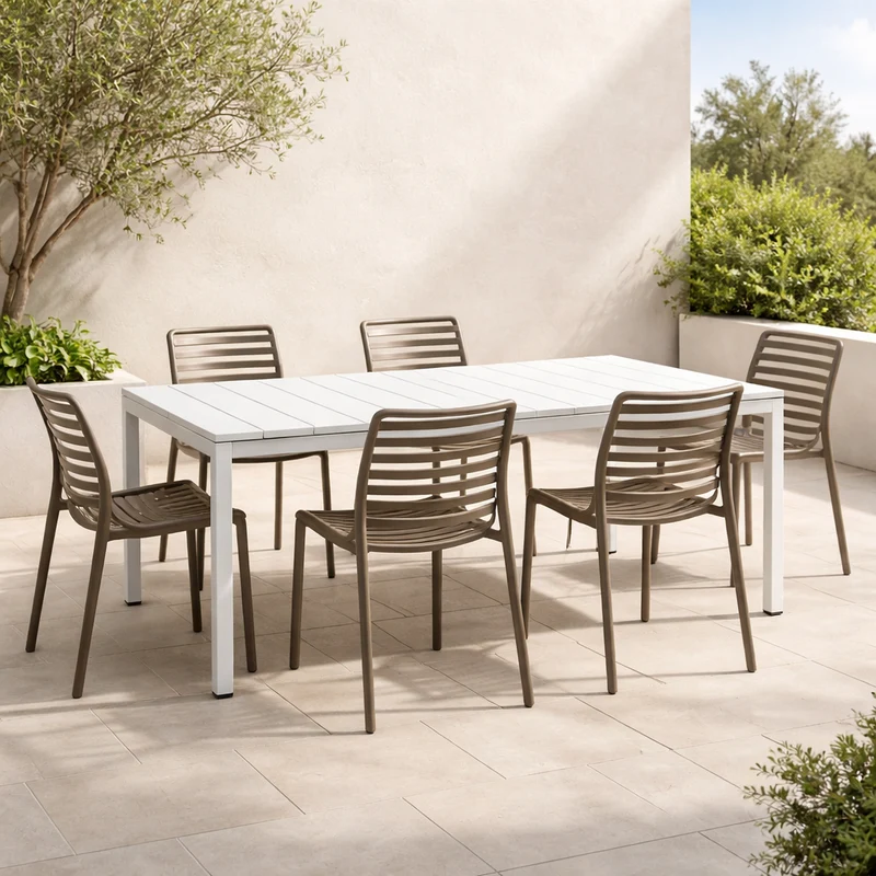 Set tavolo Rio Allungabile 140-210 cm con 4 sedie Doga Bistrot, per esterno e giardino