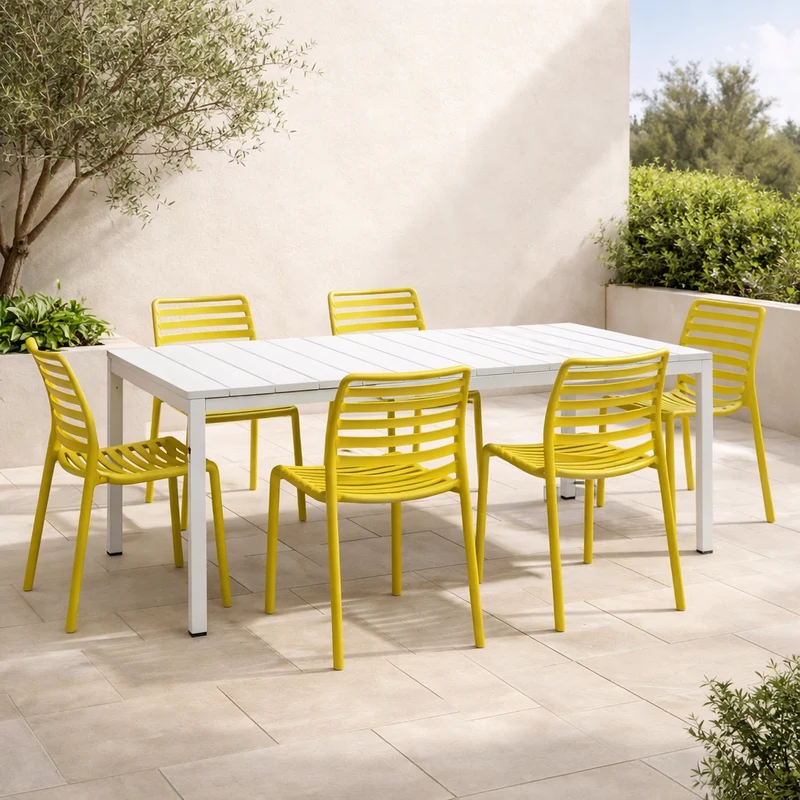 Set tavolo Rio Allungabile 140-210 cm con 4 sedie Doga Bistrot, per esterno e giardino