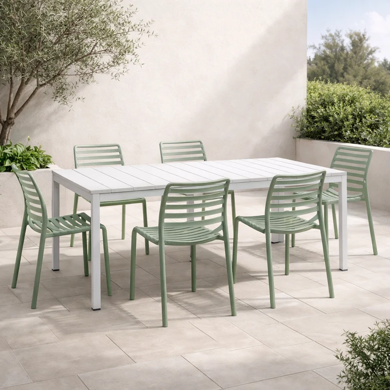 Set tavolo Rio Allungabile 140-210 cm con 4 sedie Doga Bistrot, per esterno e giardino
