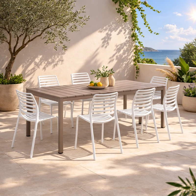 Set tavolo Rio Allungabile 140-210 cm con 4 sedie Doga Bistrot, per esterno e giardino
