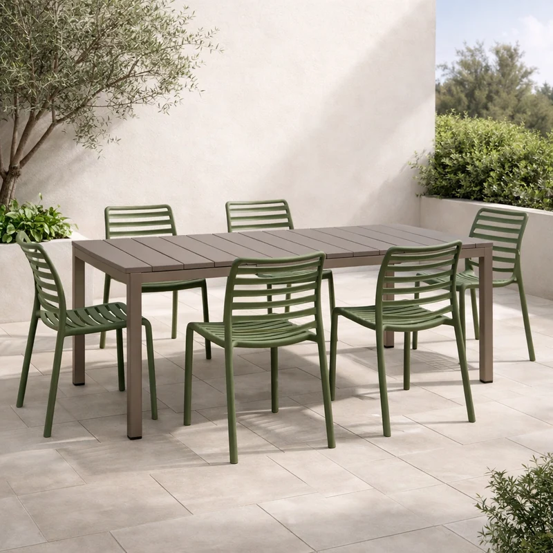 Set tavolo Rio Allungabile 140-210 cm con 4 sedie Doga Bistrot, per esterno e giardino