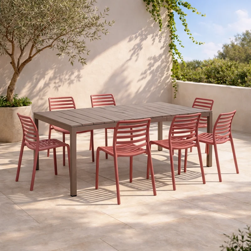 Set tavolo Rio Allungabile 140-210 cm con 4 sedie Doga Bistrot, per esterno e giardino