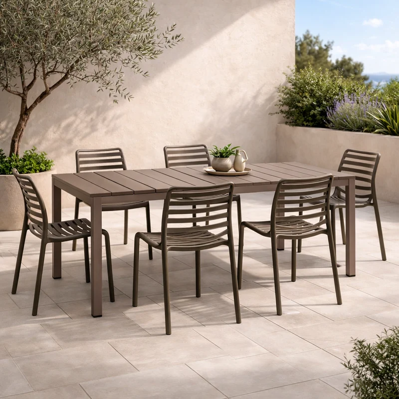 Set tavolo Rio Allungabile 140-210 cm con 4 sedie Doga Bistrot, per esterno e giardino