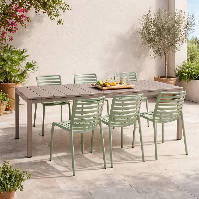 Set tavolo Rio Allungabile 140-210 cm con 4 sedie Doga Bistrot, per esterno e giardino