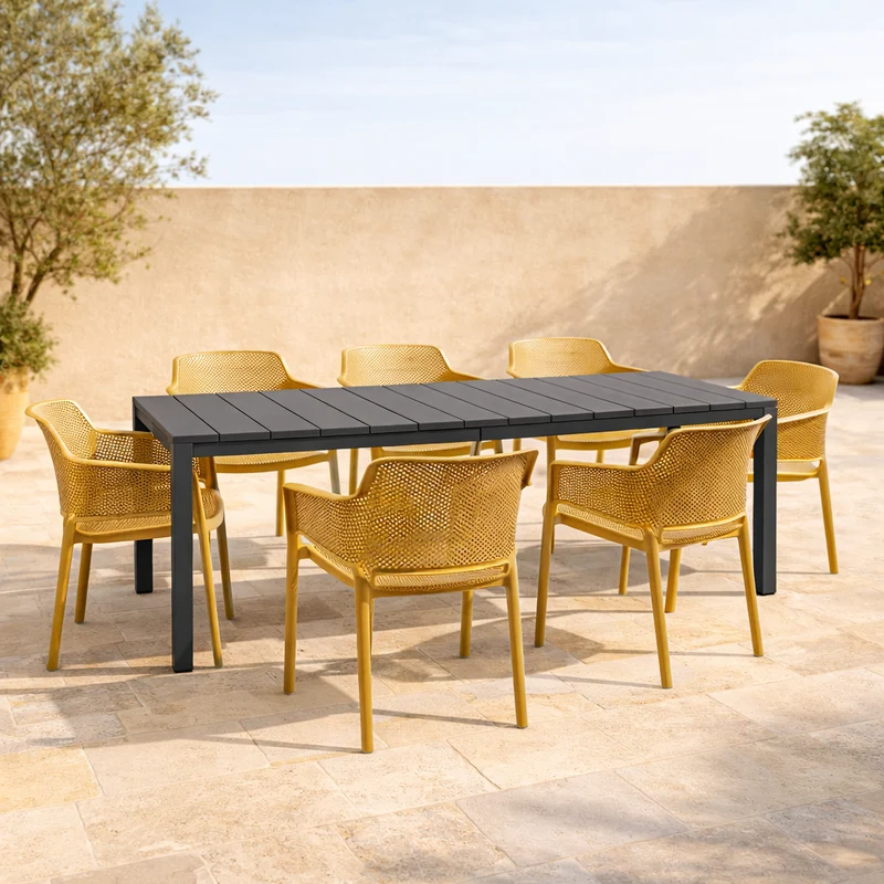 Set tavolo Rio allungabile 140-210 con 8 sedie Net per esterno e giardino