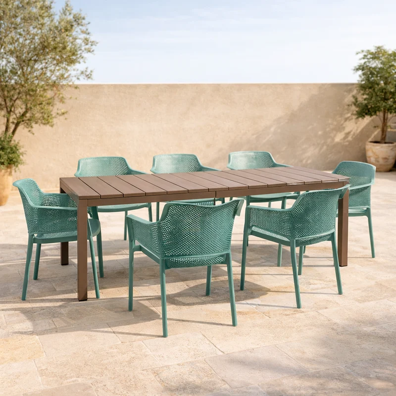 Set tavolo Rio allungabile 140-210 con 8 sedie Net per esterno e giardino