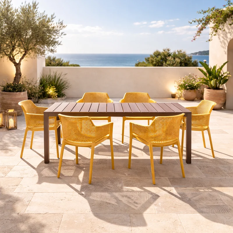 Set tavolo Rio Allungabile 140-210 con 6 sedie Net per esterno e giardino