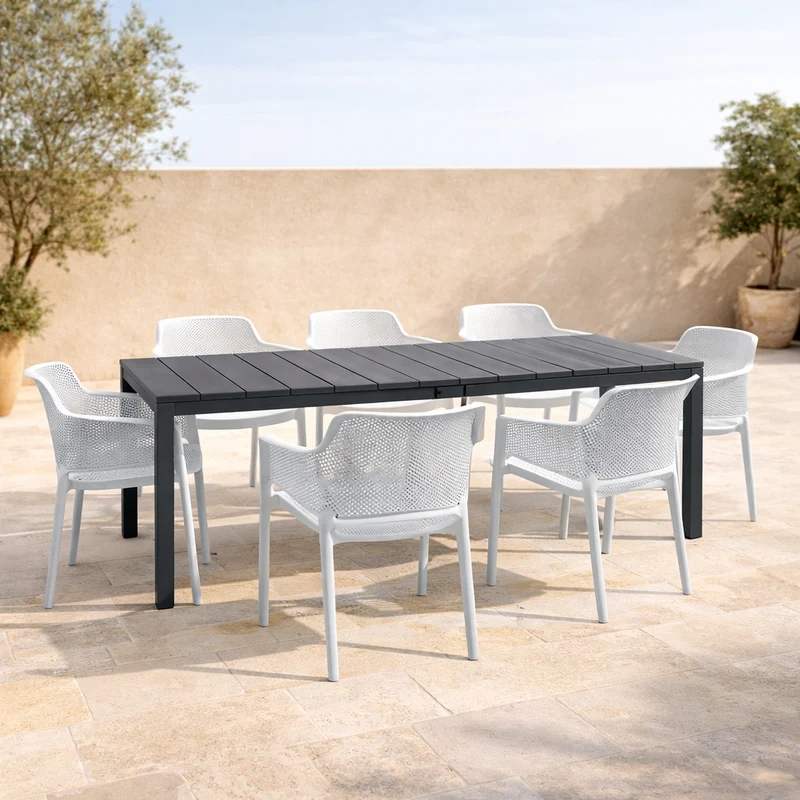 Set tavolo Rio allungabile 140-210 con 8 sedie Net per esterno e giardino