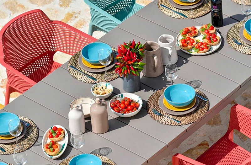 Set tavolo Rio Allungabile 210-280 cm con 6 sedie Net per esterno e giardino