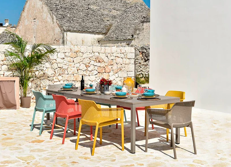 Set tavolo Rio Allungabile 210-280 cm con 6 sedie Net per esterno e giardino