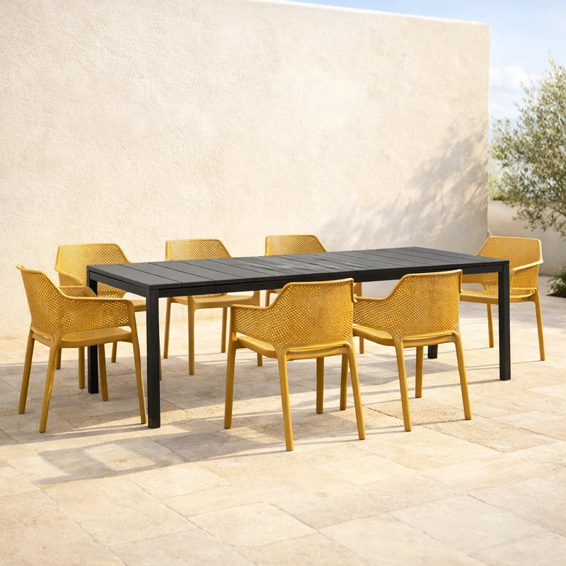 Set tavolo Rio Allungabile 210-280 cm con 6 sedie Net per esterno e giardino