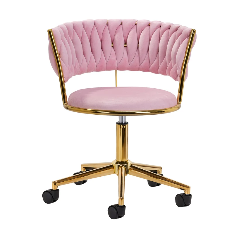 Poltrona Girevole Velvet con Schienale Intrecciato e Base Gold | QS-GW01G (Rosa)