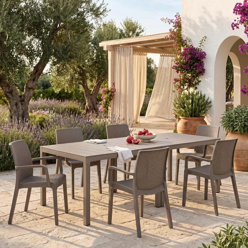 Set Tavolo "King Double" con 6 poltrone struttura in polipropilene effetto rattan per bar e strutture