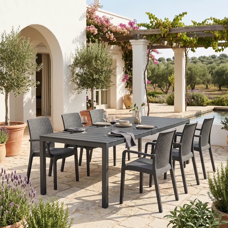Set Tavolo "King Double" con 6 poltrone struttura in polipropilene effetto rattan per bar e strutture