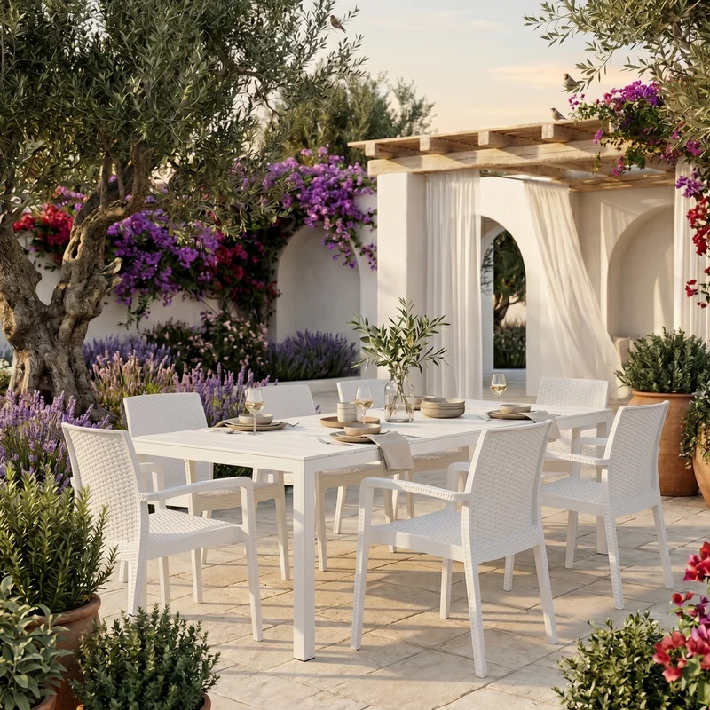 Set Tavolo "King Double" con 6 poltrone struttura in polipropilene effetto rattan per bar e strutture