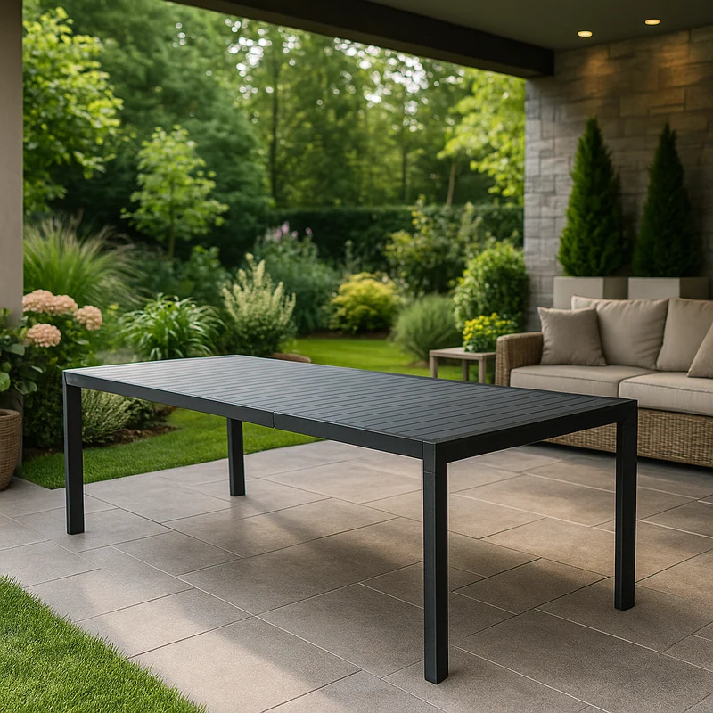 Tavolo allungabile in alluminio Antracite piano effetto legno "Bahia" per esterno e giardino 190/250 cm