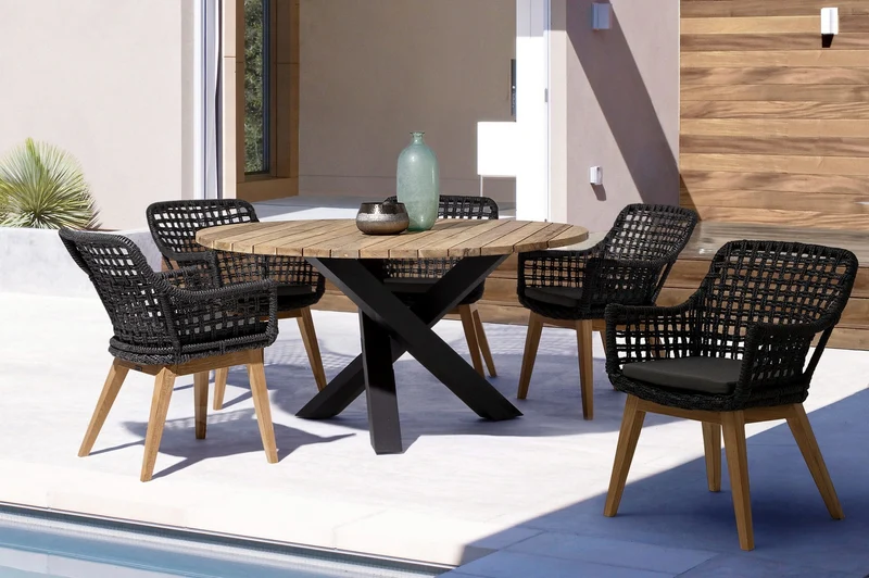 Tavolo ovale "Palmdale" con piano in legno teak, gambe in alluminio Antracite per esterno