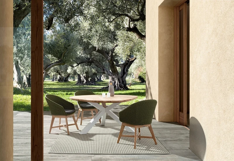 Tavolo ovale "Palmdale" con piano in legno teak, gambe in alluminio Antracite per esterno
