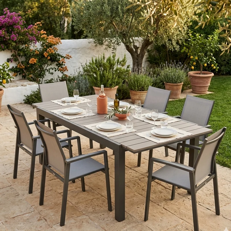 Poltrona "Milo" struttura in alluminio Taupè verniciato con texilene da giardino per esterno