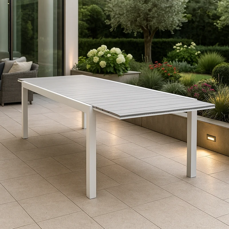 Tavolo allungabile "Santorini" in alluminio Tortora e Polywood dogato per esterno 180/240x100 cm