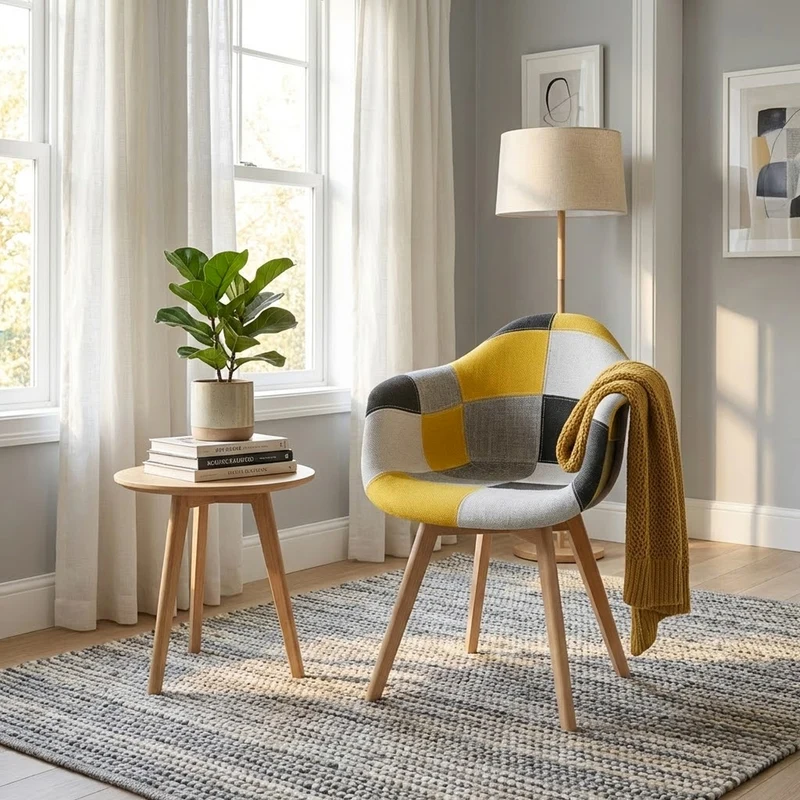 BUYBUY Poltroncina serie Picasso in PP Seduta in spugna ricoperta con stoffa Stile patchwork, piedi in faggio e metallo Colori caldi PIC026