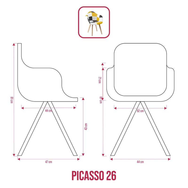 BUYBUY Poltroncina serie Picasso in PP Seduta in spugna ricoperta con stoffa Stile patchwork, piedi in faggio e metallo Colori caldi PIC026