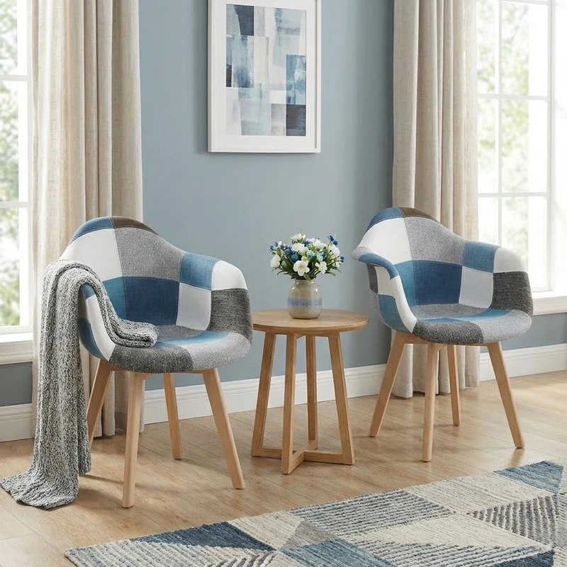 BUYBUY Poltroncina serie Picasso in PP Seduta in spugna ricoperta con stoffa Stile patchwork, piedi in faggio e metallo Colori freddi PIC016
