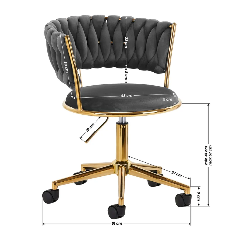 Sedia Girevole in Velluto con Schienale Intrecciato e Base Oro | QS-GW01G (Grigio)