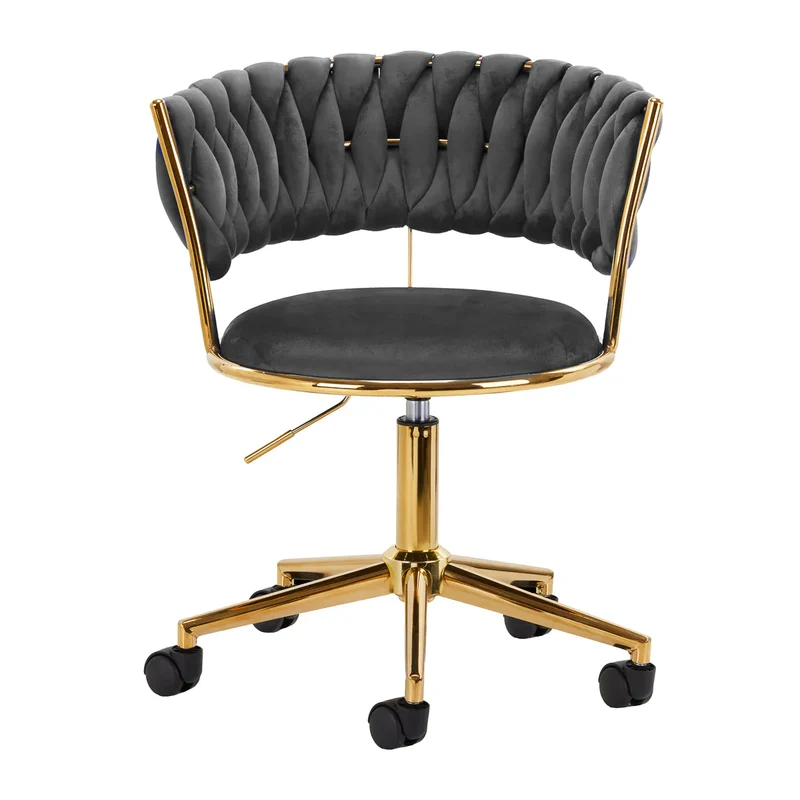 Sedia Girevole in Velluto con Schienale Intrecciato e Base Oro | QS-GW01G (Grigio)