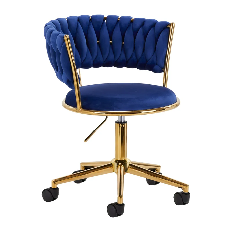 Sedia Girevole in Velluto con Schienale Intrecciato e Base Oro | QS-GW01G (Blu Navy)