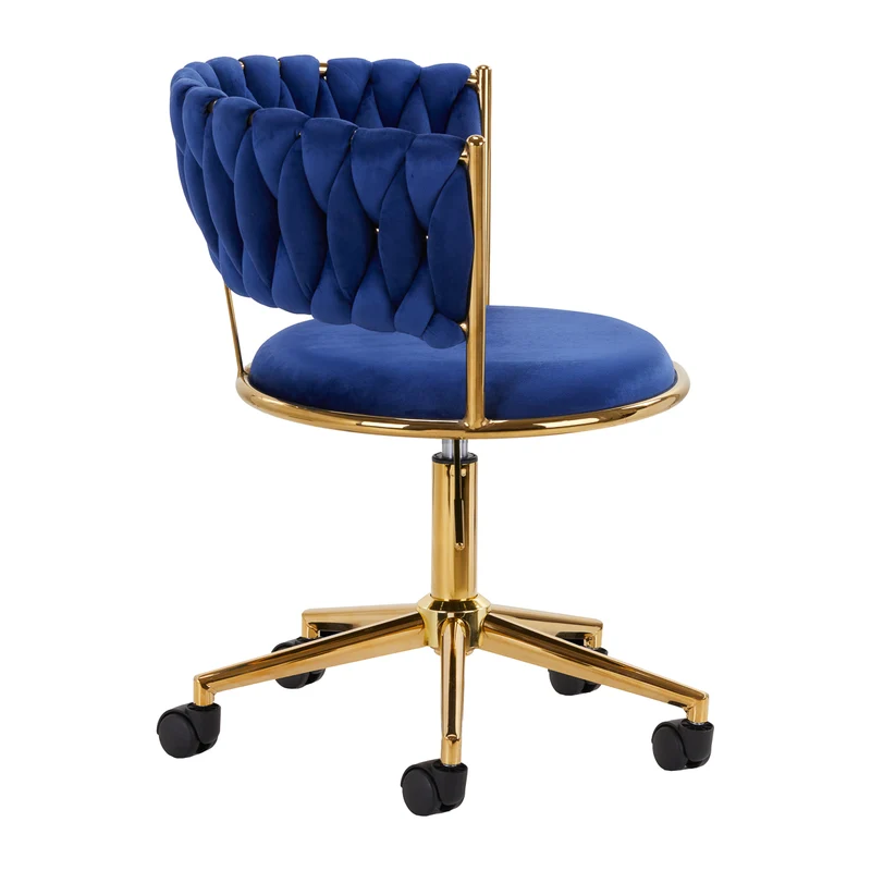 Sedia Girevole in Velluto con Schienale Intrecciato e Base Oro | QS-GW01G (Blu Navy)