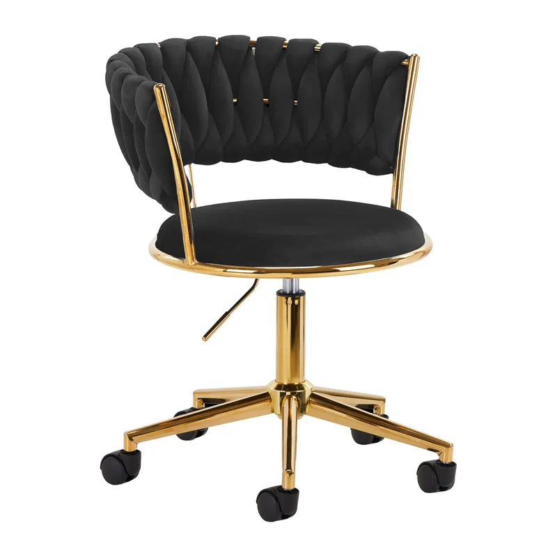 Sedia Girevole in Velluto con Schienale Intrecciato e Base Oro | QS-GW01G (Nero)